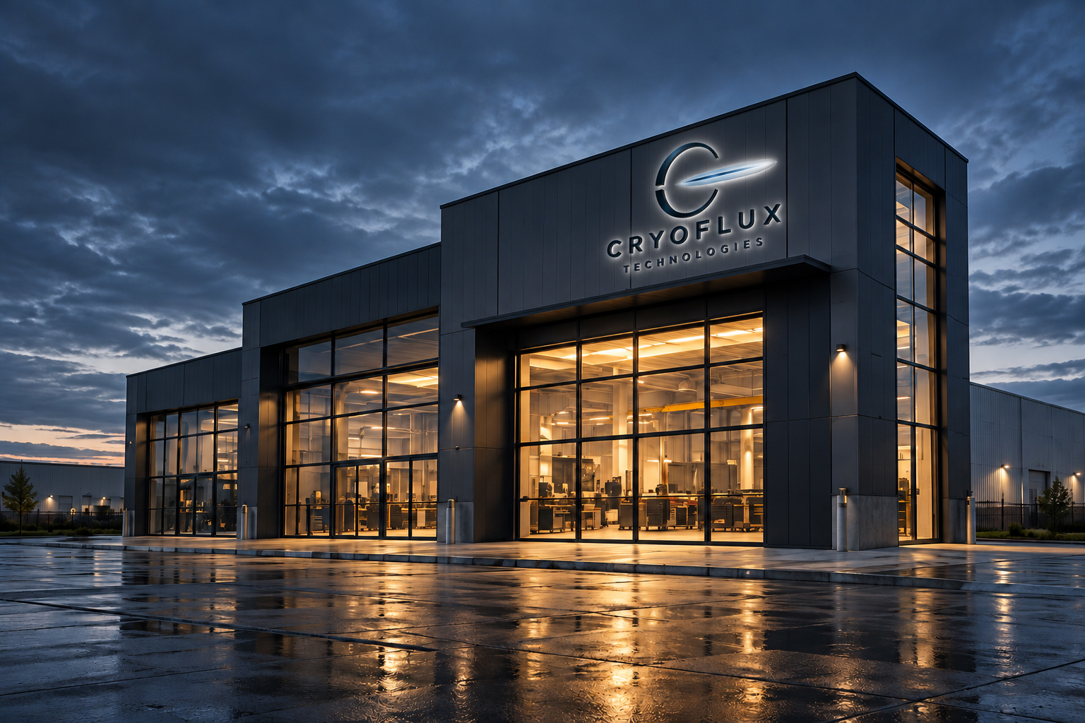 The CryoWorx facility exterior at dusk