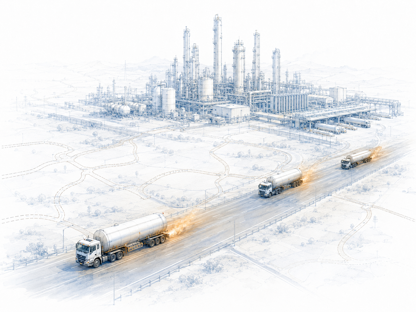 Industrial air separation facility with cryogenic tanker trucks carrying thermal burden across the delivery chain