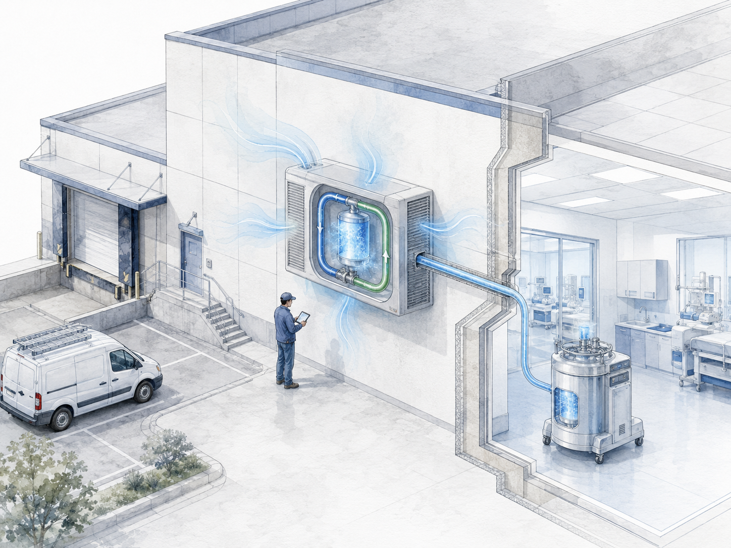 CryoFlux wall-mounted atmospheric harvester feeding facility-owned reservoir dewar — Cold Gold produced on site from the air