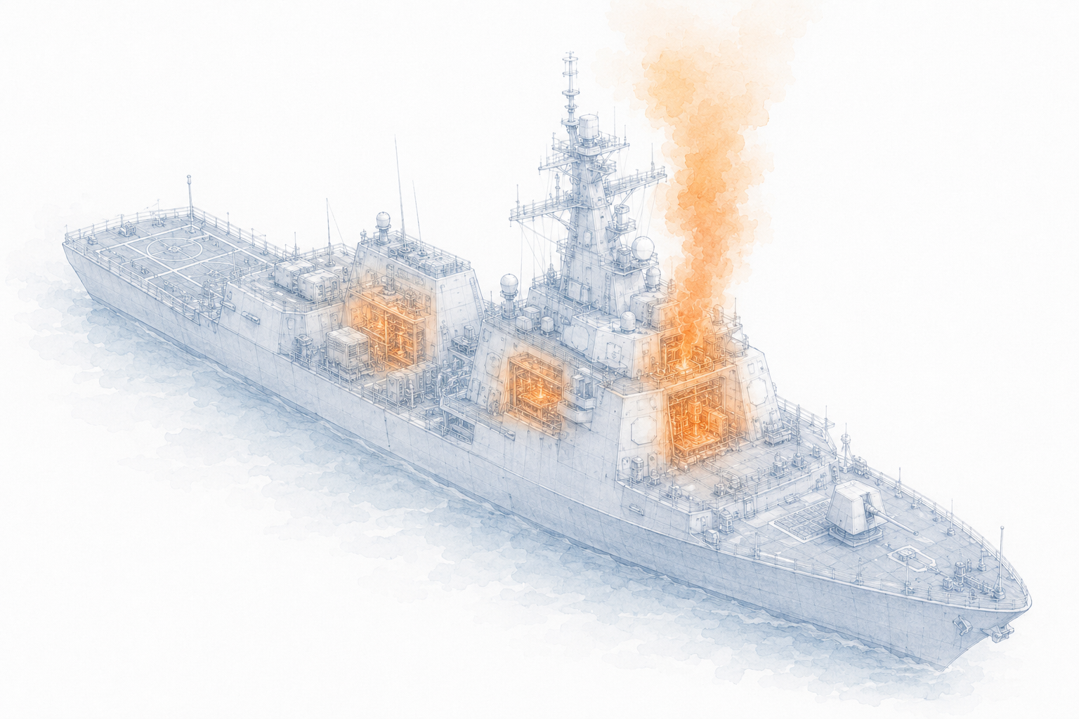 Naval vessel electronics bays generating thermal burden at mission-critical systems