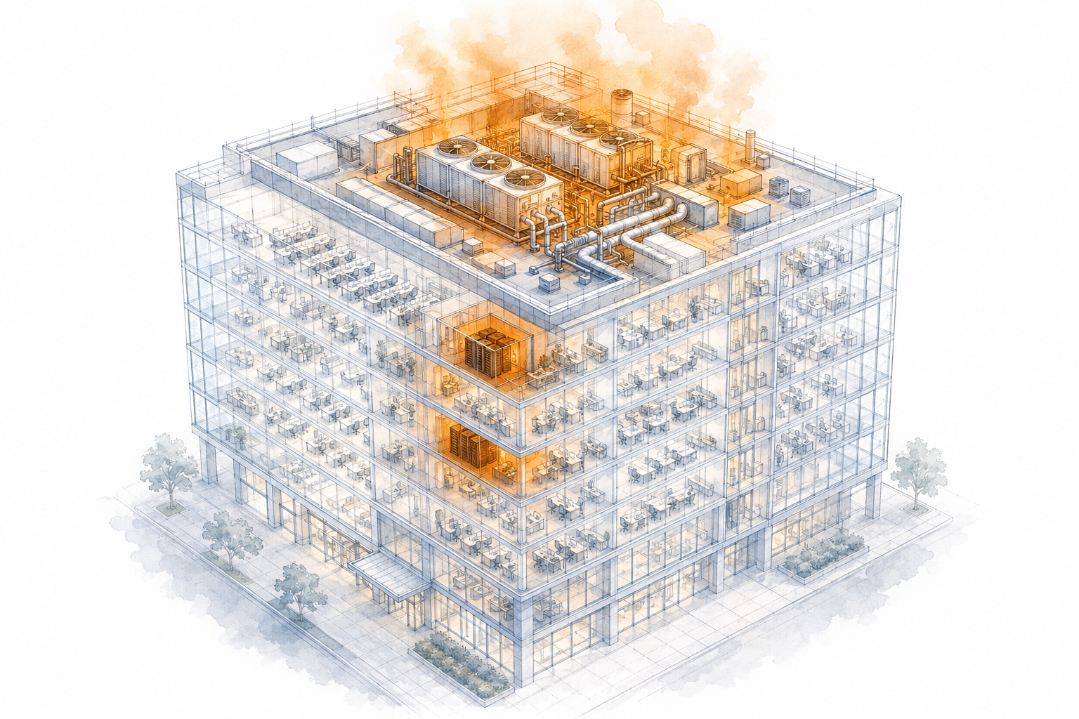 Commercial building thermal burden concentrating at rooftop mechanical yard and interior server zones