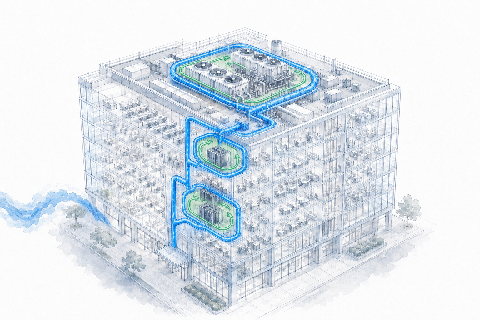 CryoFlux governed cold pathways encircling building rooftop mechanical and interior server floor burden zones
