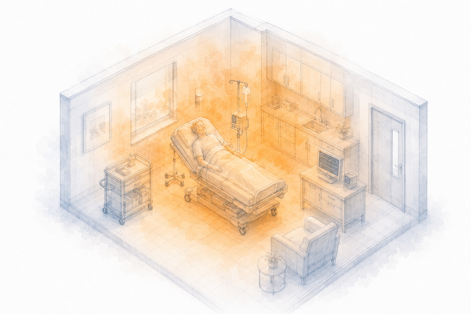 Clinical treatment room with diffuse thermal burden unresolved at the patient care zone