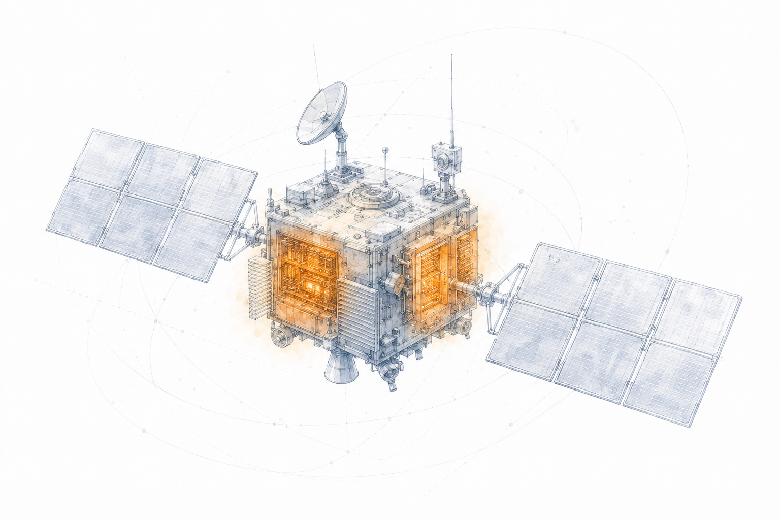 Orbital satellite electronics bays generating thermal burden with no convective relief path in zero-atmosphere environment